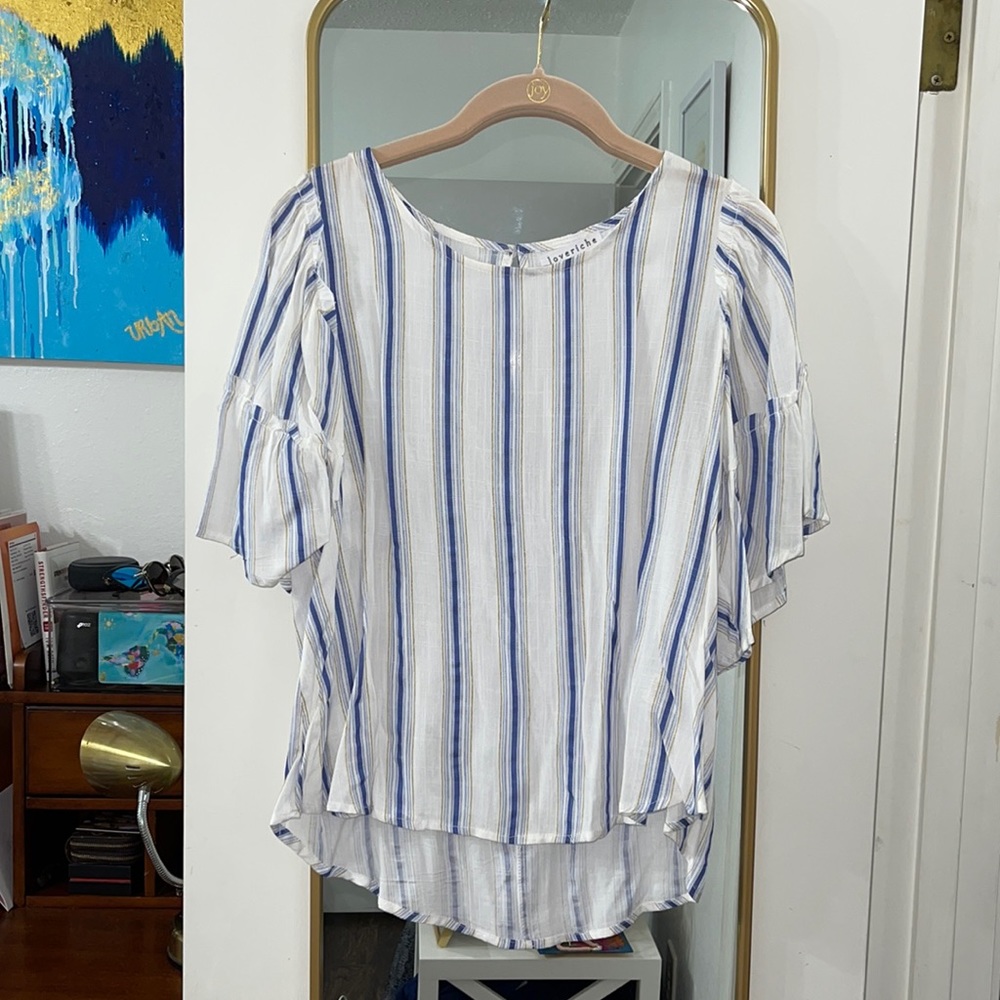 Blue and Yellow Striped Top with Ruffle Sleeves